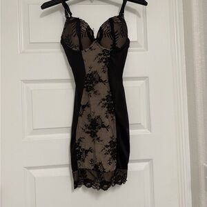 Elegant Black and Tan Lace Slip Dress